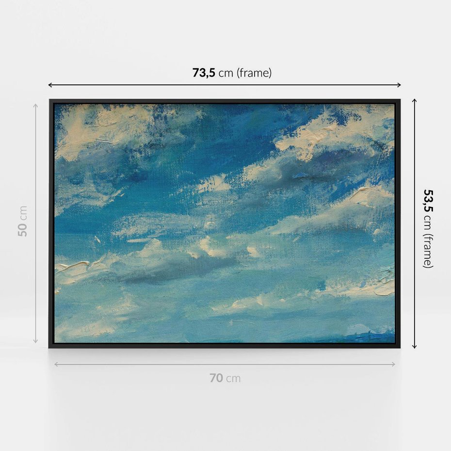 Obraz w ramie 70x50 - Oddechy niebiańskiej materii - olejny obraz, smugi farby przypominają obłoki na błękitnym niebie - rama czarna