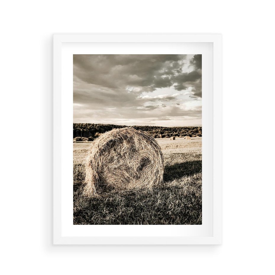 Plakat w ramie 40x50 - Ciepło Natury - snopki siana, pole - rama biała