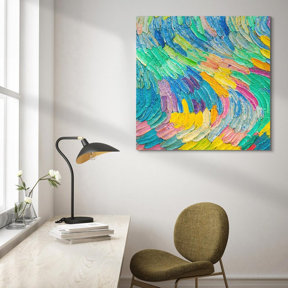 Obraz na płótnie 60x60 - Egzotyczne Pióra - abstrakcyjne dzieło, farby olejne