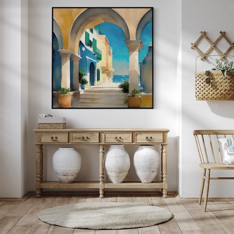 Obraz w ramie 50x50 - Nadmorskie Łuki - akwarela, śródziemnomorski klimat - rama czarna