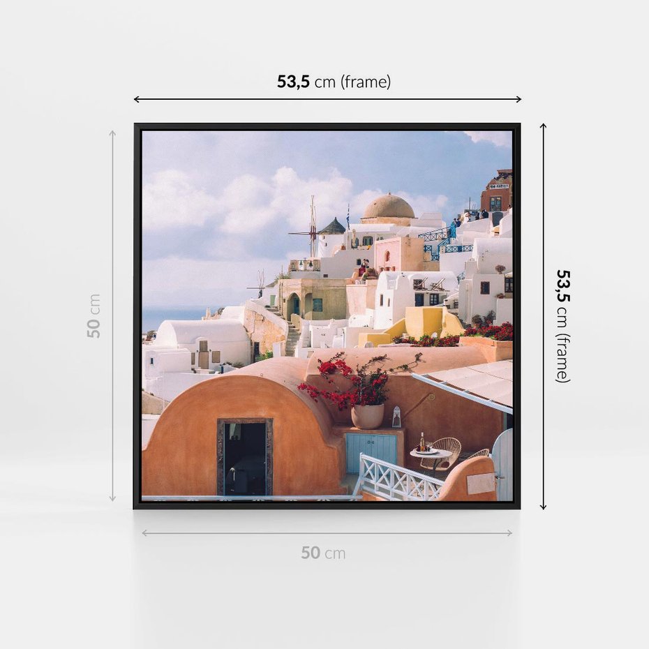 Obraz w ramie 50x50 - Błękit Morza i Białe Domki - Santorini, wyspa - rama czarna