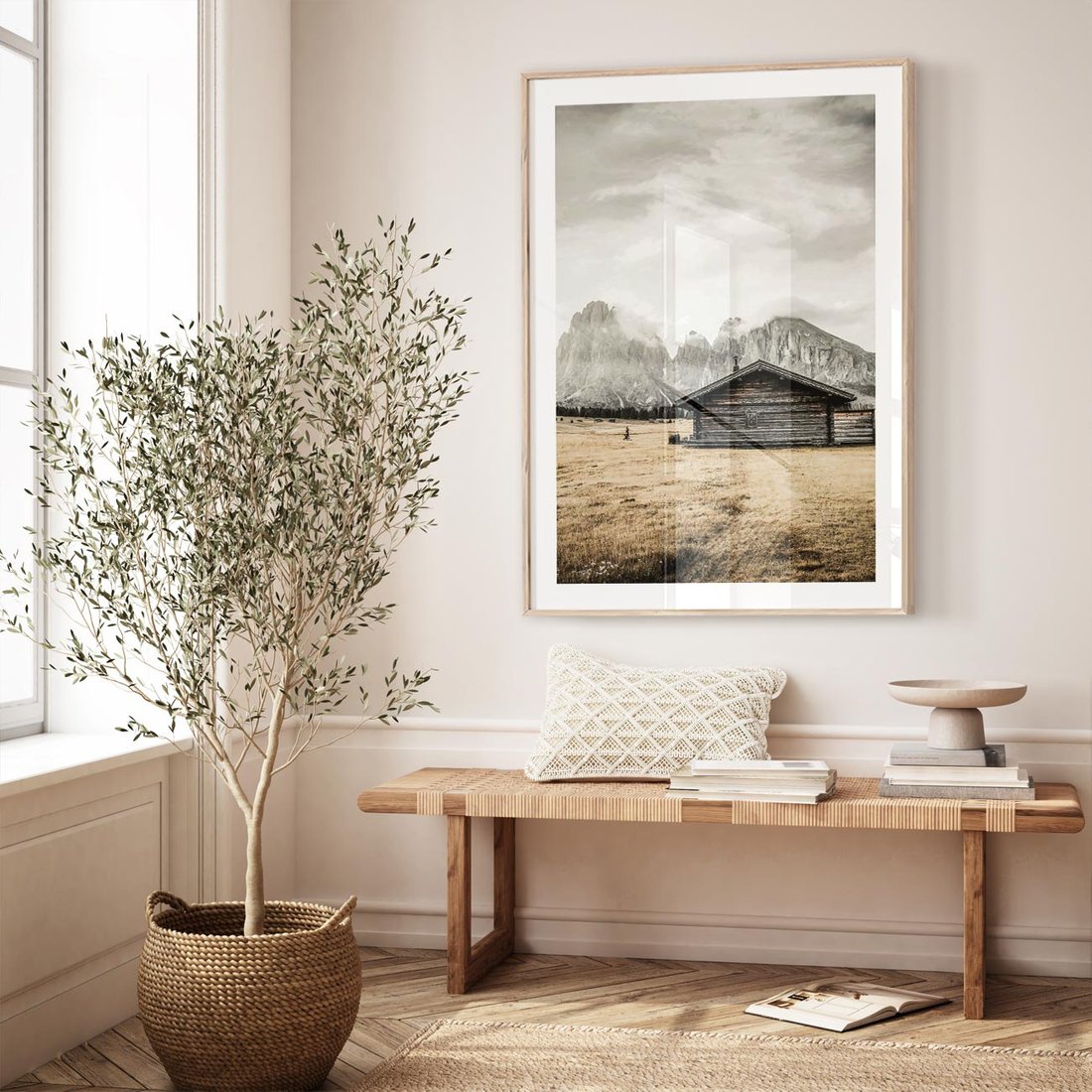 Plakat w ramie 50x70 - Surowa Przestrzeń i Górski Ustronny Azyl - chatka w górach, góry - rama drewno