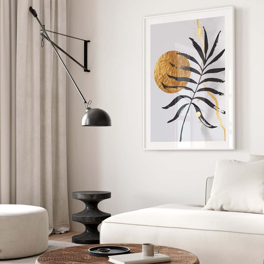 Plakat bez ramy 21x30 - Grafika z Czarnym Liściem Palmy - czarny liść palmy, złóte kołó