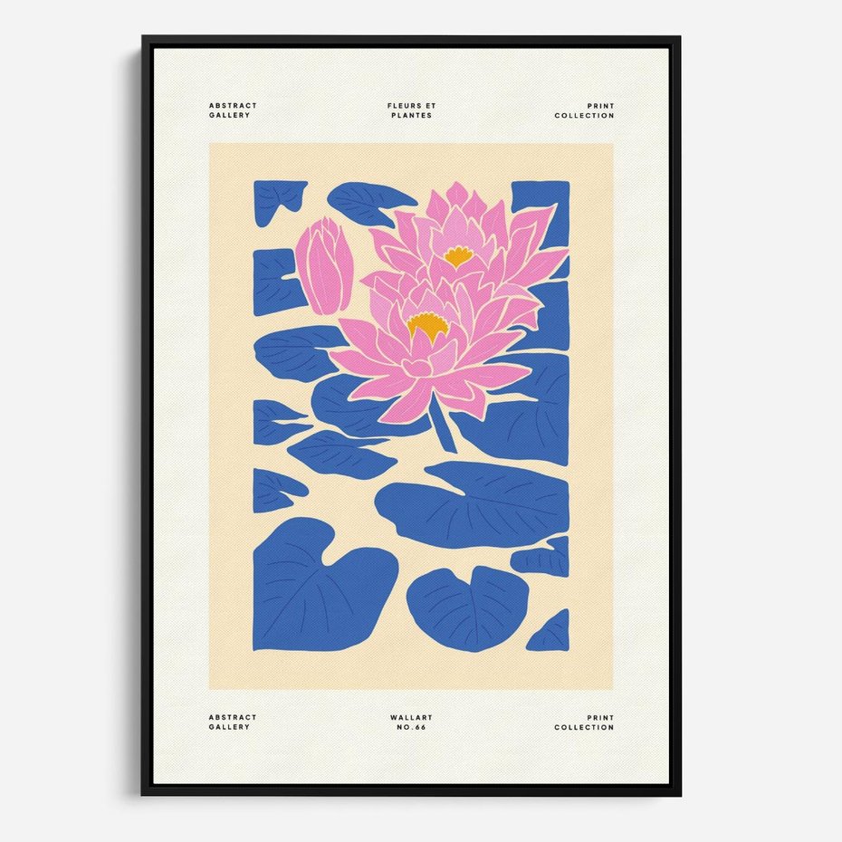 Obraz w ramie 70x100 - Rozświetlone Odbicia - lilie wodne, pastelowe kolory - rama czarna