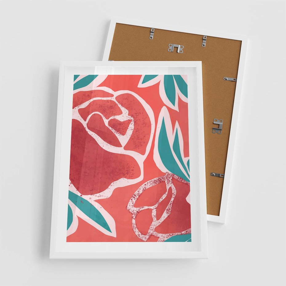 Plakat w ramie 50x70 - Rozkwitające Kształty - nowoczesny plakat, abstrakcyjne róże - rama biała