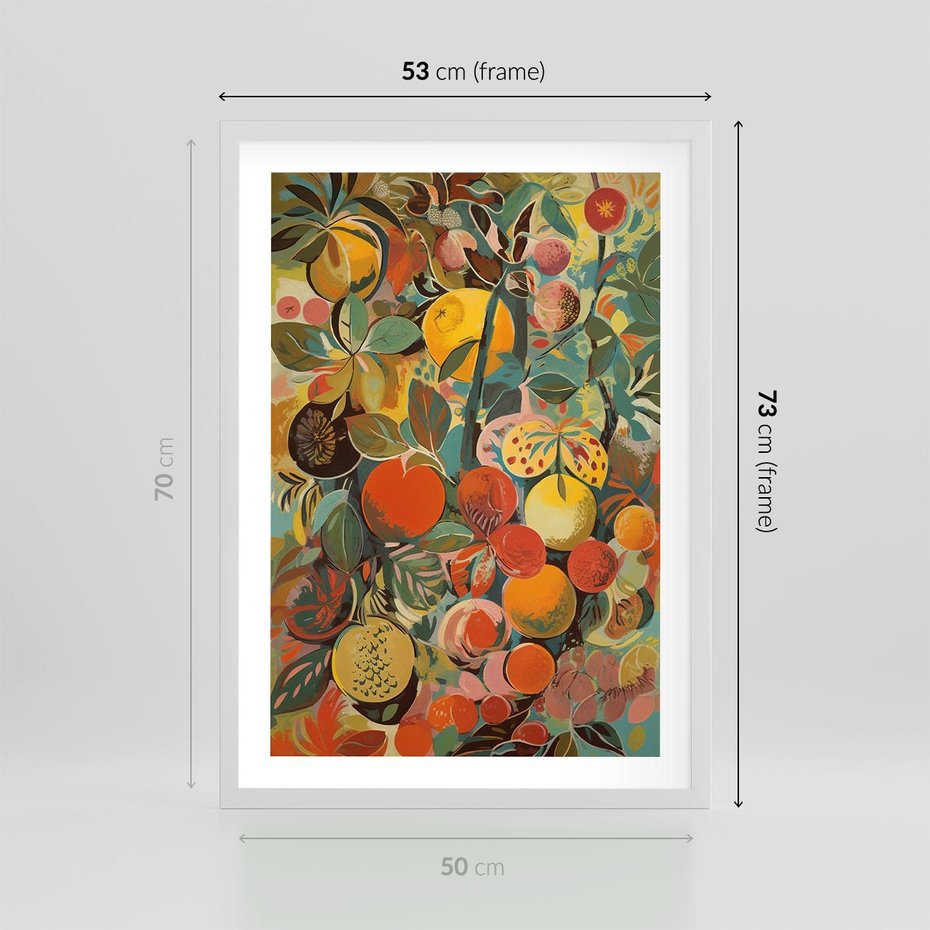 Plakat w ramie 50x70 - Księga Surrealnych Wyobrażeń - abstrakcyjny obraz owoców, jak picasso - rama biała