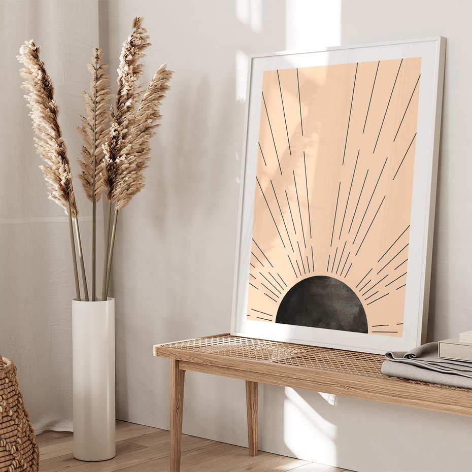 Plakat bez ramy 50x70 - Migocące Kształty Promieni - boho czarne słońce, nowoczesna grafika