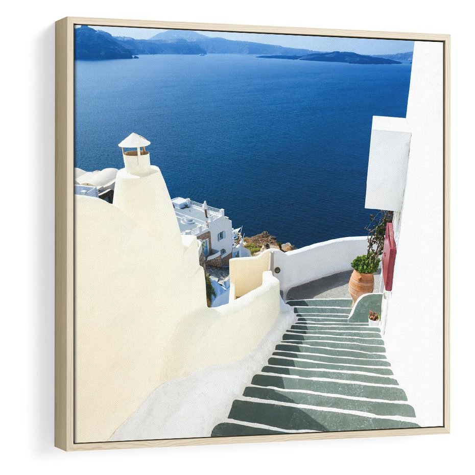 Obraz w ramie 50x50 - Malowniczy urok wyspy - Santorini, schodki - rama drewno