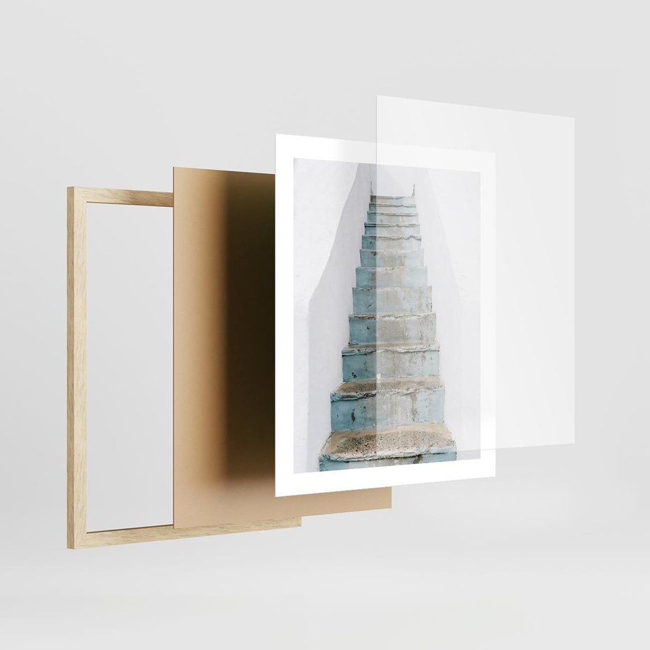 Plakat w ramie 40x50 - Niebieskie Schody Santorini - stare kamienne schody, niebieskie schody - rama drewno