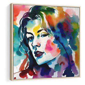 Obraz w ramie 50x50 - Abstrakcyjna ekstaza barw - abstrakcyjny portret kobiety, szkic czarną kreską - rama drewno