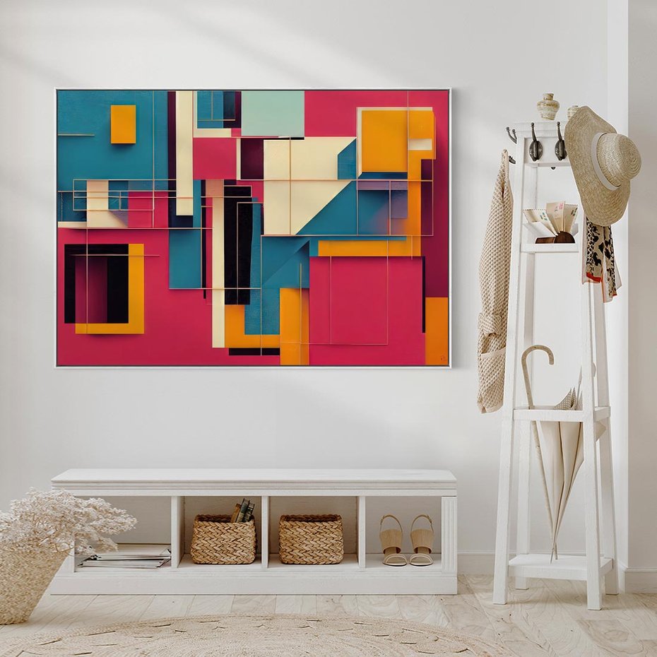 Obraz w ramie 100x70 - Przejście przez labirynt myśli - kolorowa abstrakcja, instalacja z prostokątów i lini - rama biała