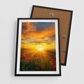 Plakat w ramie 50x70 - Magia zachodu słońca na łące z makami - łąka, zachód słońca - rama czarna