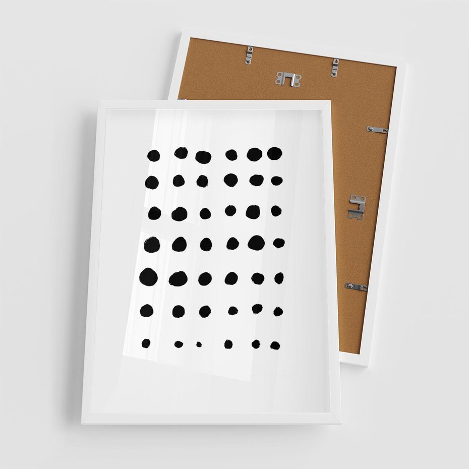 Plakat w ramie 50x70 - Refleksje Światła - minimalistyczna kompozycja, czarne kropkina białym tle - rama biała