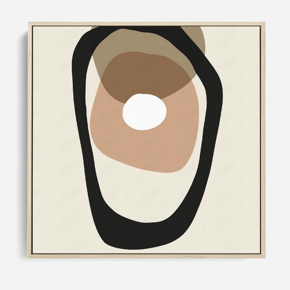 Obraz w ramie 80x80 - Intrygujące Zaskoczenia - beżowa abstrakcyjna kompozycja, czarny akcent - rama drewno