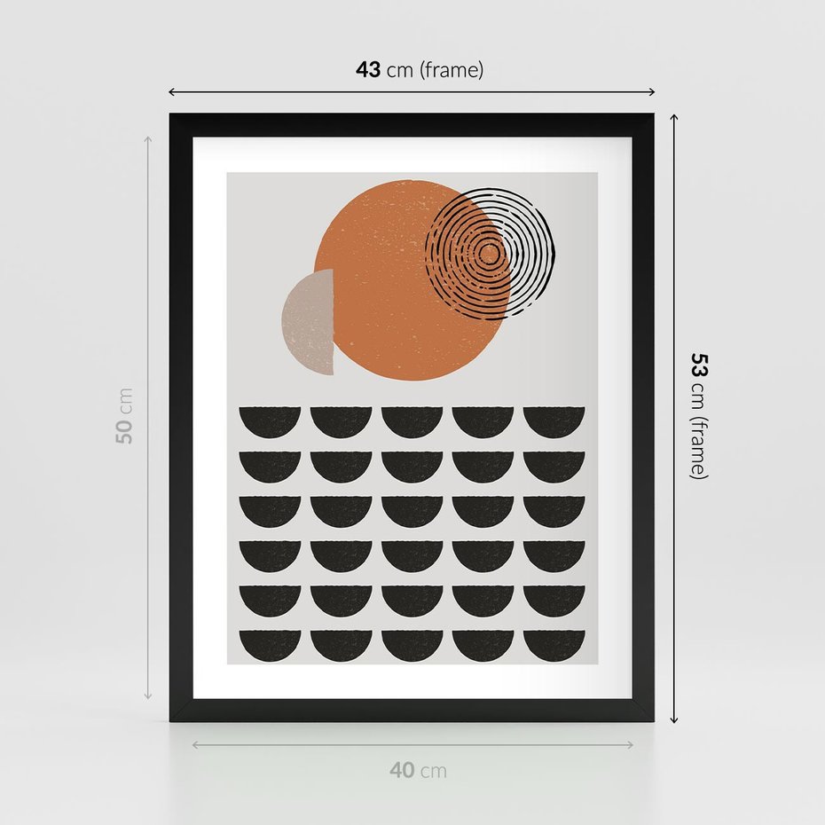 Plakat w ramie 40x50 - Geometryczna Ekspresja - geometryczny graficzny obraz, pomarańczowe koło - rama czarna