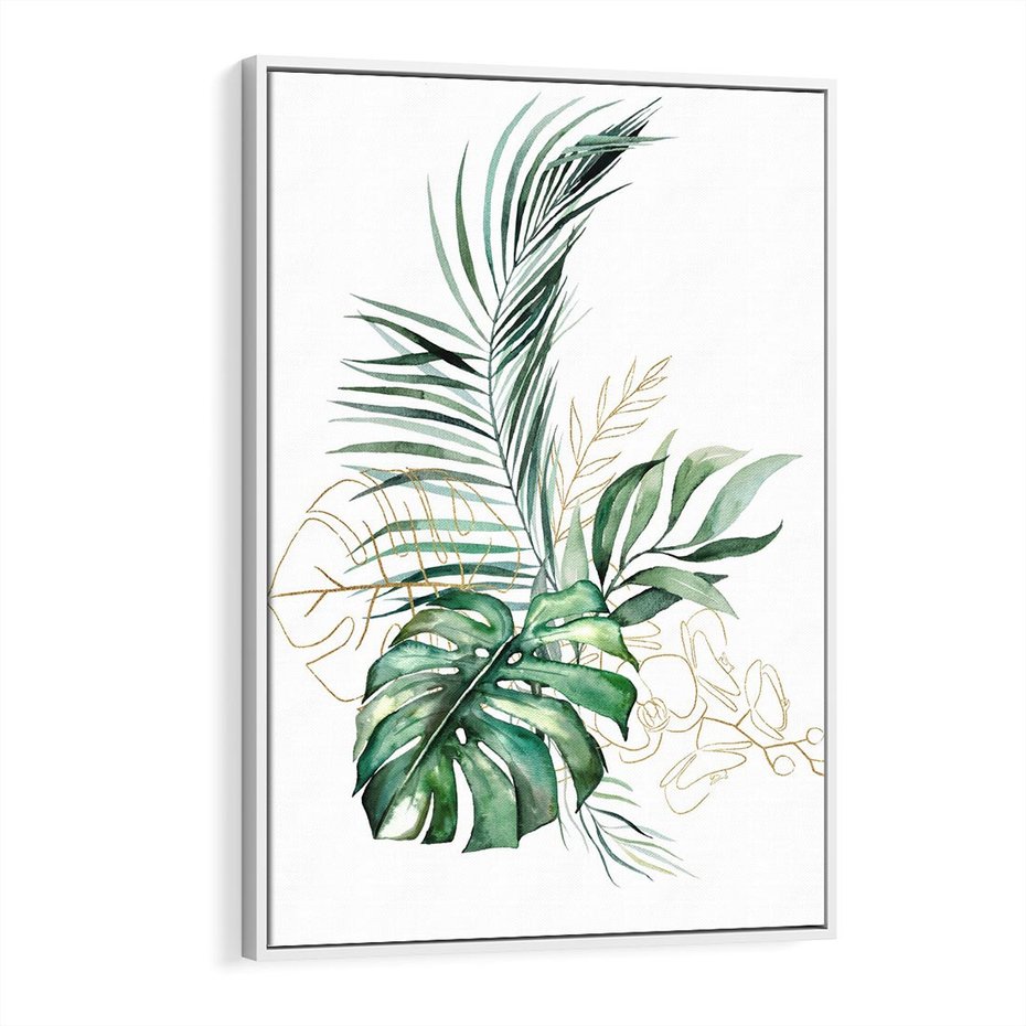 Obraz w ramie 80x120 - Luksus w Detalu - złote, liście - rama biała