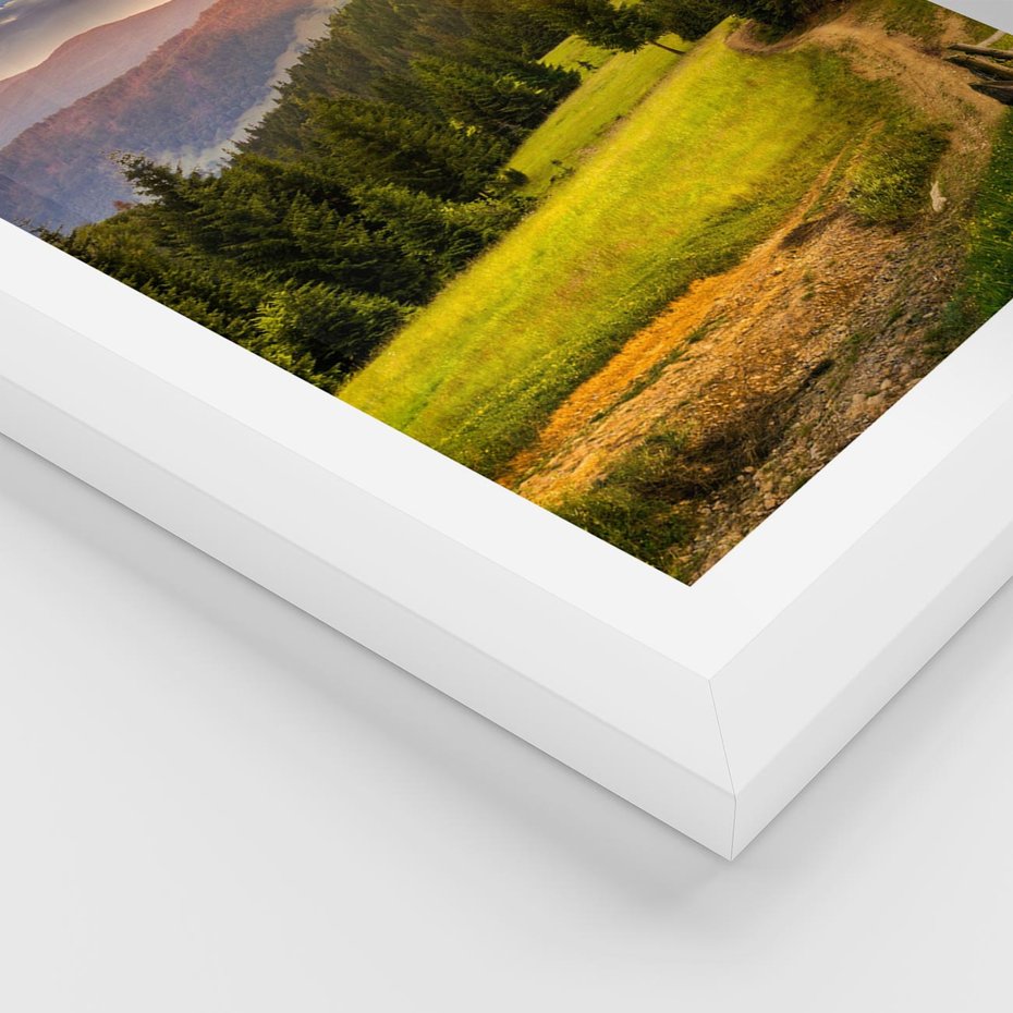 Plakat w ramie 50x70 - Zachód słońca na łące - zachód, łąka - rama biała