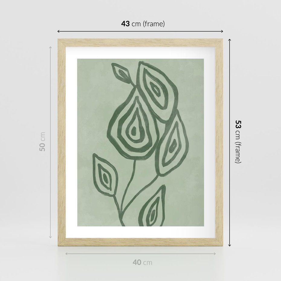 Plakat w ramie 40x50 - Szmaragdowy Oddech - abstrakcyjne delikatne zielone linie, podobne do gałęzi kwiatów - rama drewno