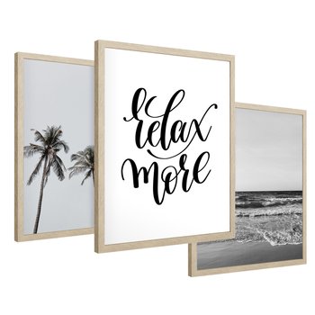 Zestaw obrazy w ramie 50x70 galeria - Plaża, palmy, relaks, typografia - rama drewno