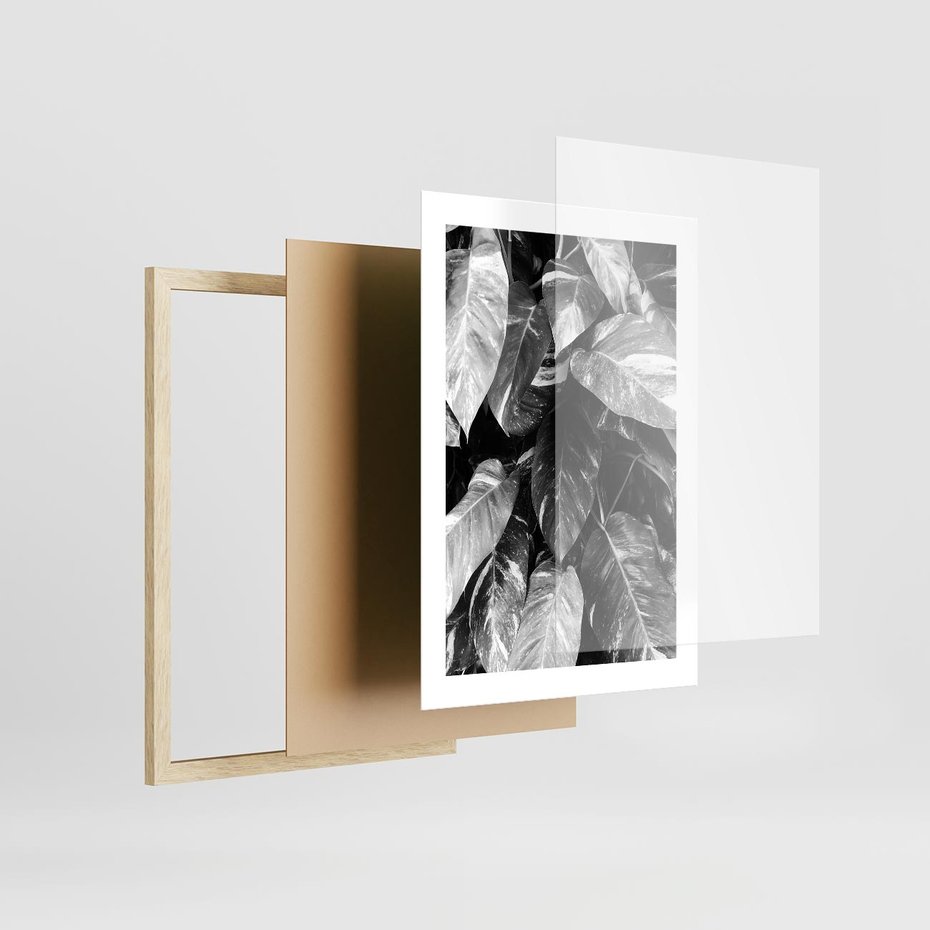 Plakat w ramie 30x40 - Liście w Czarno-Białej Fotografii - liście, roślina - rama drewno