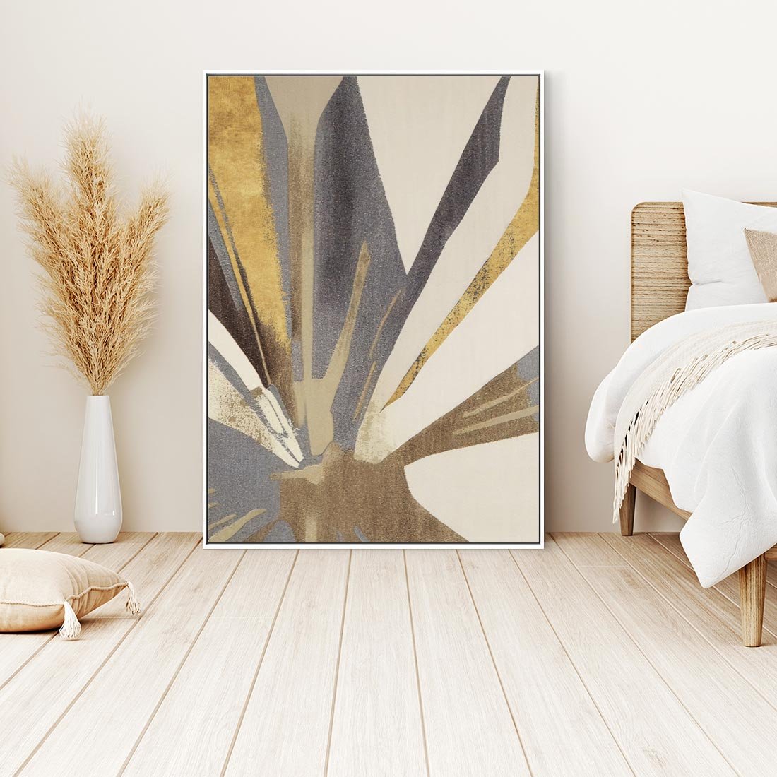 Obraz w ramie 70x100 - Szept roślinnych emocji - olejna abstrakcja, złoto i brąz - rama biała