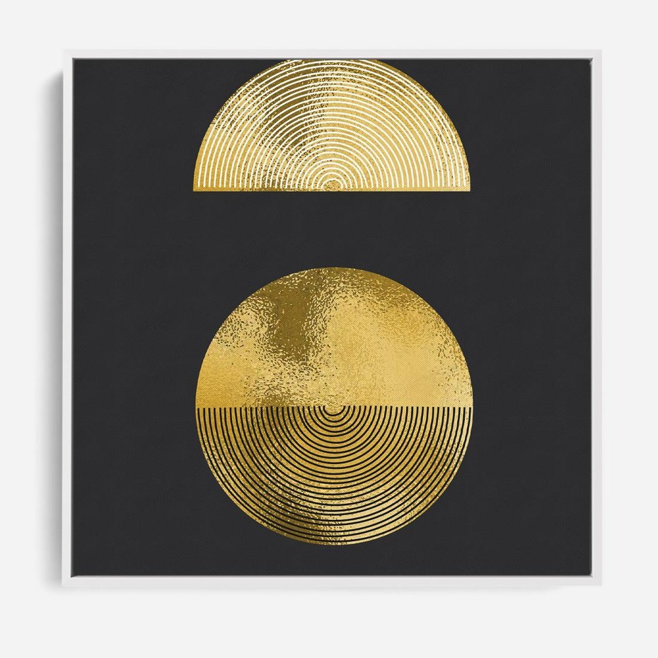 Obraz w ramie 50x50 - Migotliwe Przeniknięcia - złote koła, czarne tło - rama biała