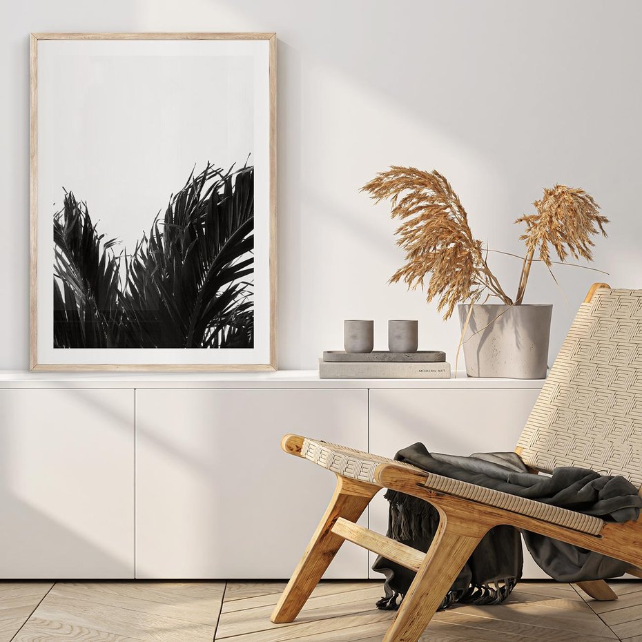 Plakat w ramie 40x50 - Tropikalna Uroda w Czerni i Bieli - fotografia czarno biała, liście palmy - rama drewno