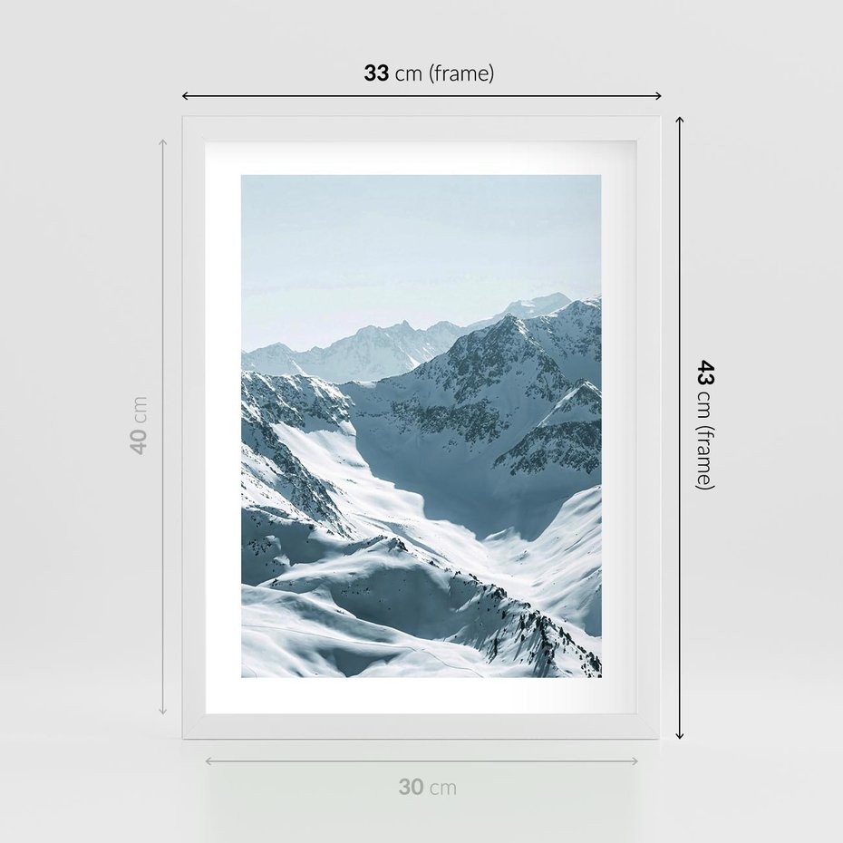 Plakat w ramie 30x40 - Surowość Gór - górskie szczyty, śnieg - rama biała