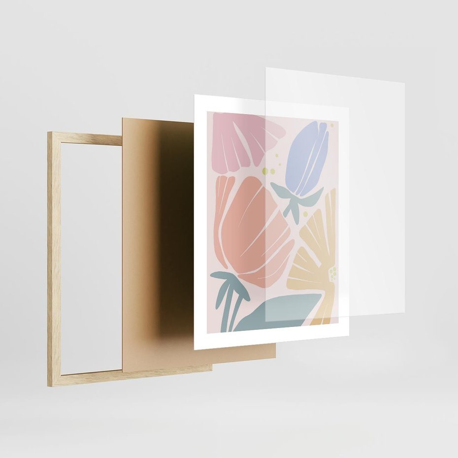 Plakat w ramie 40x50 - Rozkwitające Harmonie Natury - pastelowe kwiaty, na beżowym tle - rama drewno