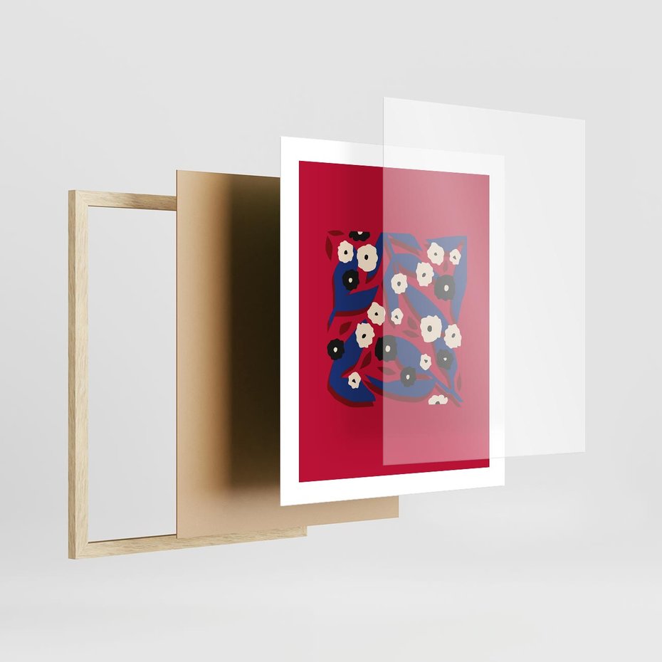 Plakat w ramie 40x50 - Kolorowe Przenikanie - abstrakcyjna kwiatowa kompozycja, czerwone mocne tło - rama drewno