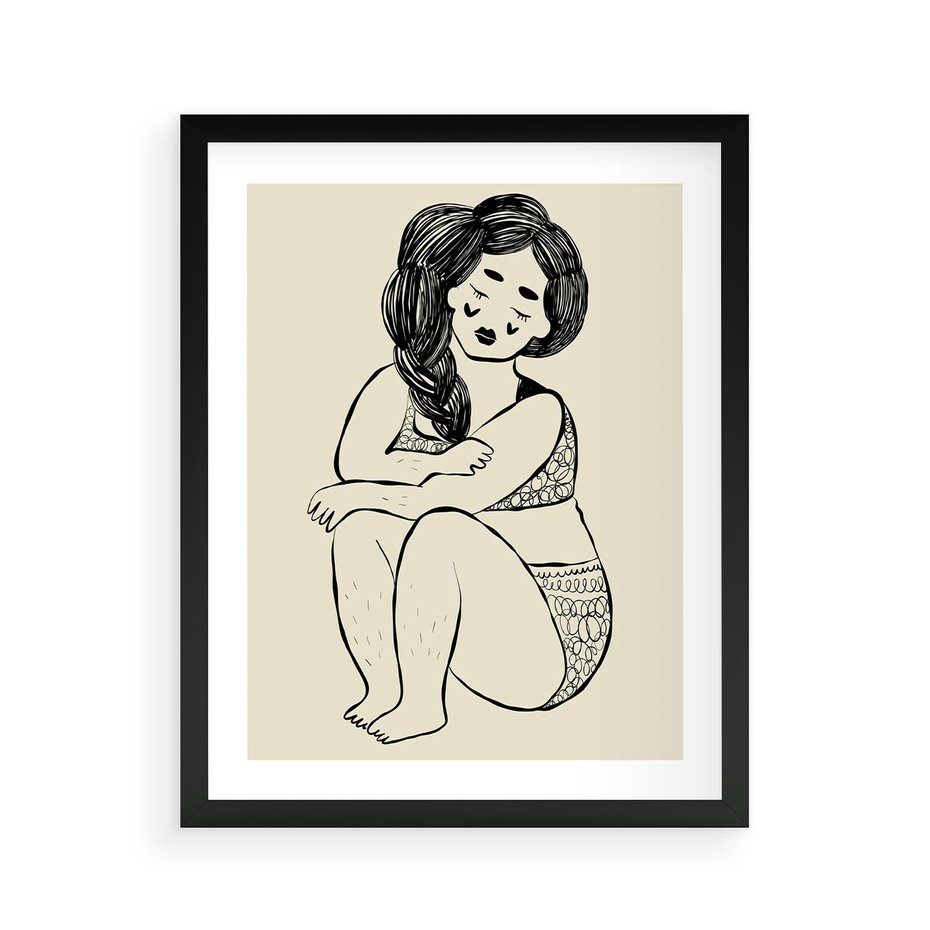 Plakat w ramie 40x50 - Migotliwe Refleksje - nowoczesny minimalistyczny rysunek, dziewczyna w bieliźnie - rama czarna