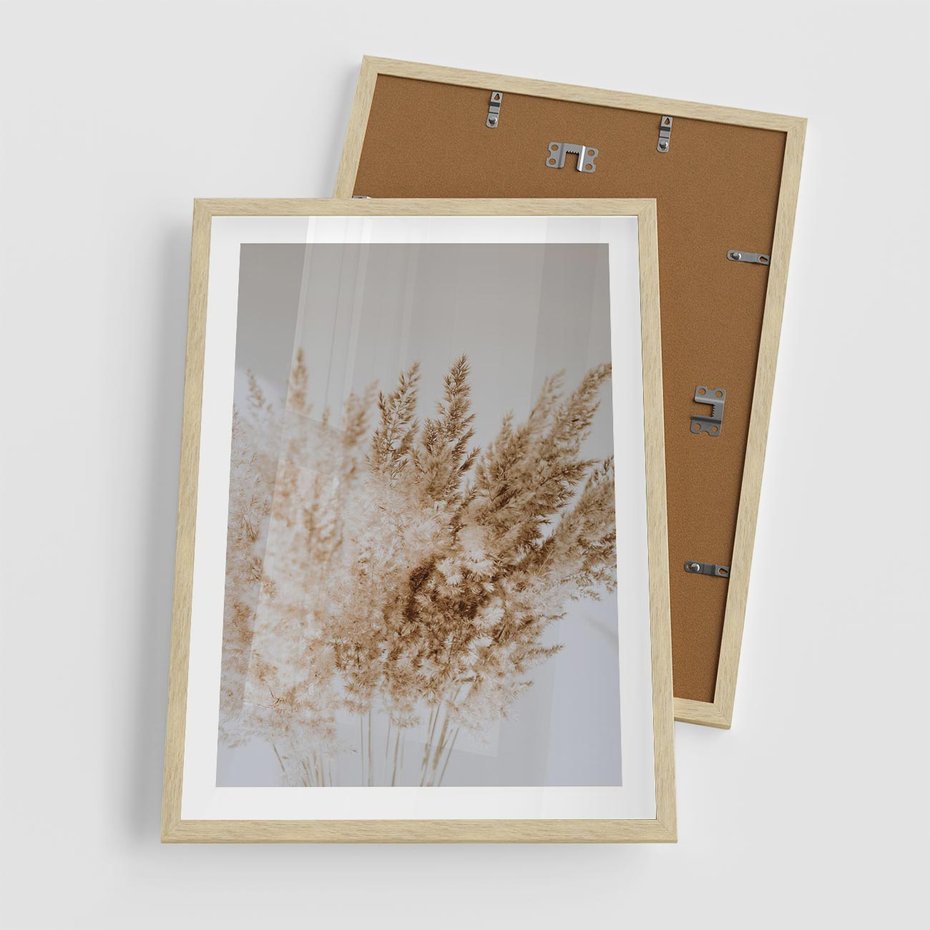 Plakat w ramie 50x70 - Boho Urok Traw Pampasowych - suche trawy, pampas - rama drewno