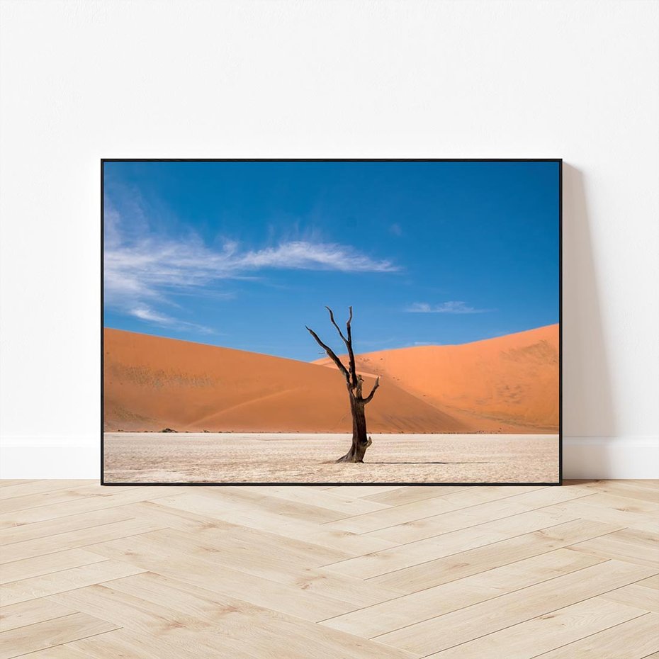 Obraz w ramie 70x50 - Słońce i Suche Drzewo - pustynia, suche - rama czarna