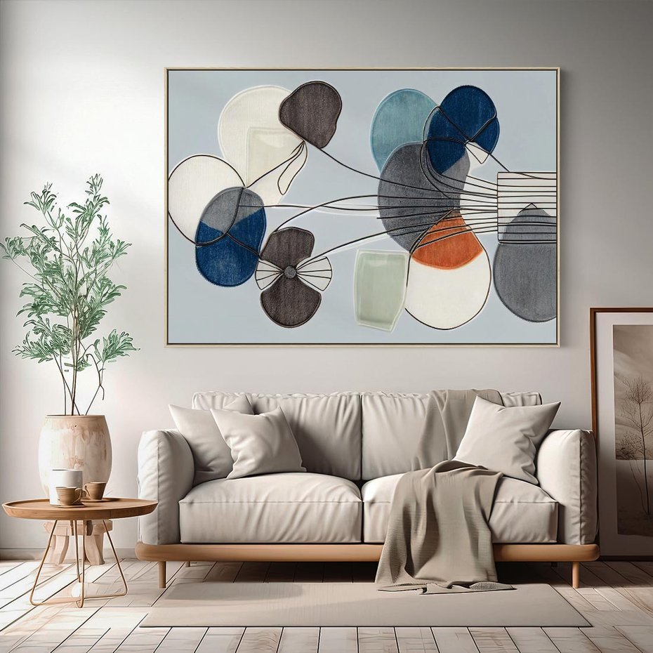 Obraz w ramie 120x80 - Plamy w Niebieskim - sztuka abstrakcyjna, linie - rama drewno