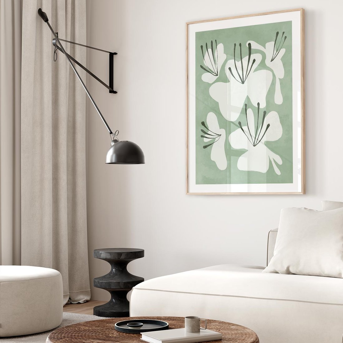 Plakat w ramie 30x40 - Rozkwitające Ukojenie - zgaszona zieleń, kwiaty - rama drewno