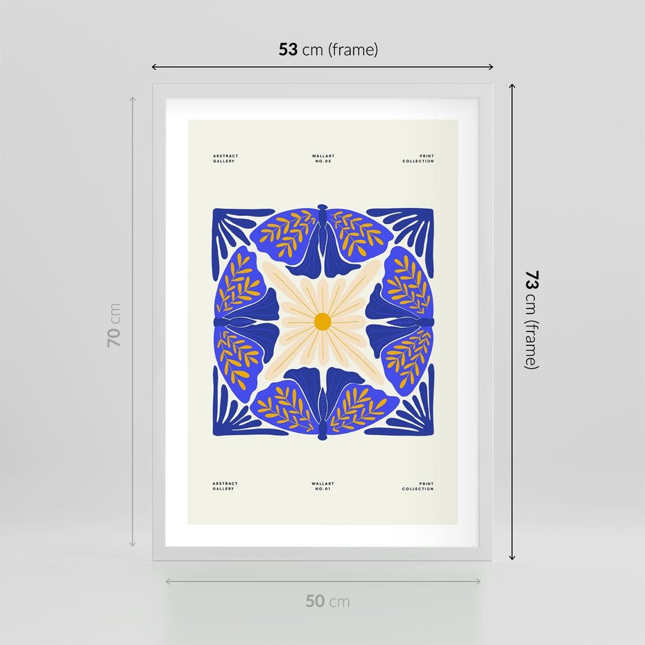 Plakat w ramie 50x70 - Księga Abstrakcji - abstrakcyjna boho kompozycja, granatowe ćmy - rama biała