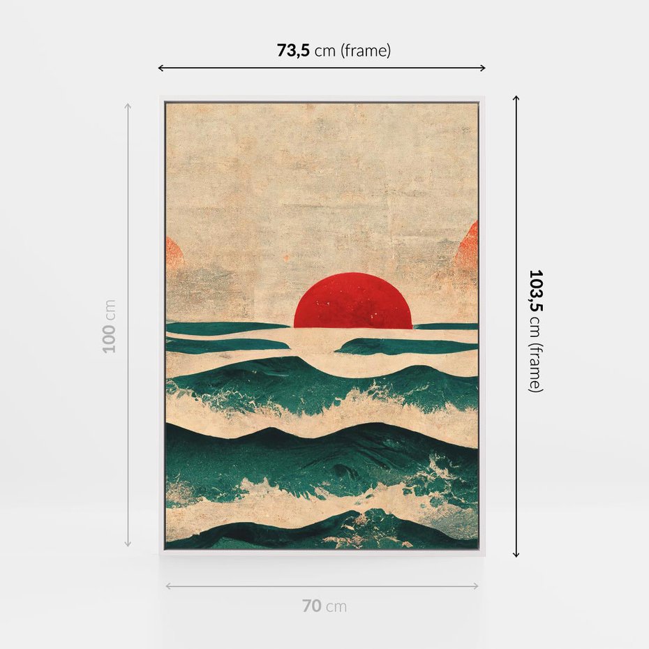 Obraz w ramie 70x100 - Czerwone Melodie - japońska sztuka, zachód słońca nad oceanem - rama biała
