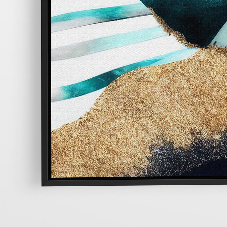 Obraz w ramie 70x50 - Rozlane Turkusy - Turkusowe plamy, złote elementy - rama czarna