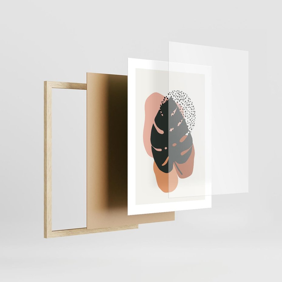 Plakat w ramie 30x40 - Minimalizm w Liściach Monstery: Plamy i Kropki - minimalizm, monstera plamy - rama drewno