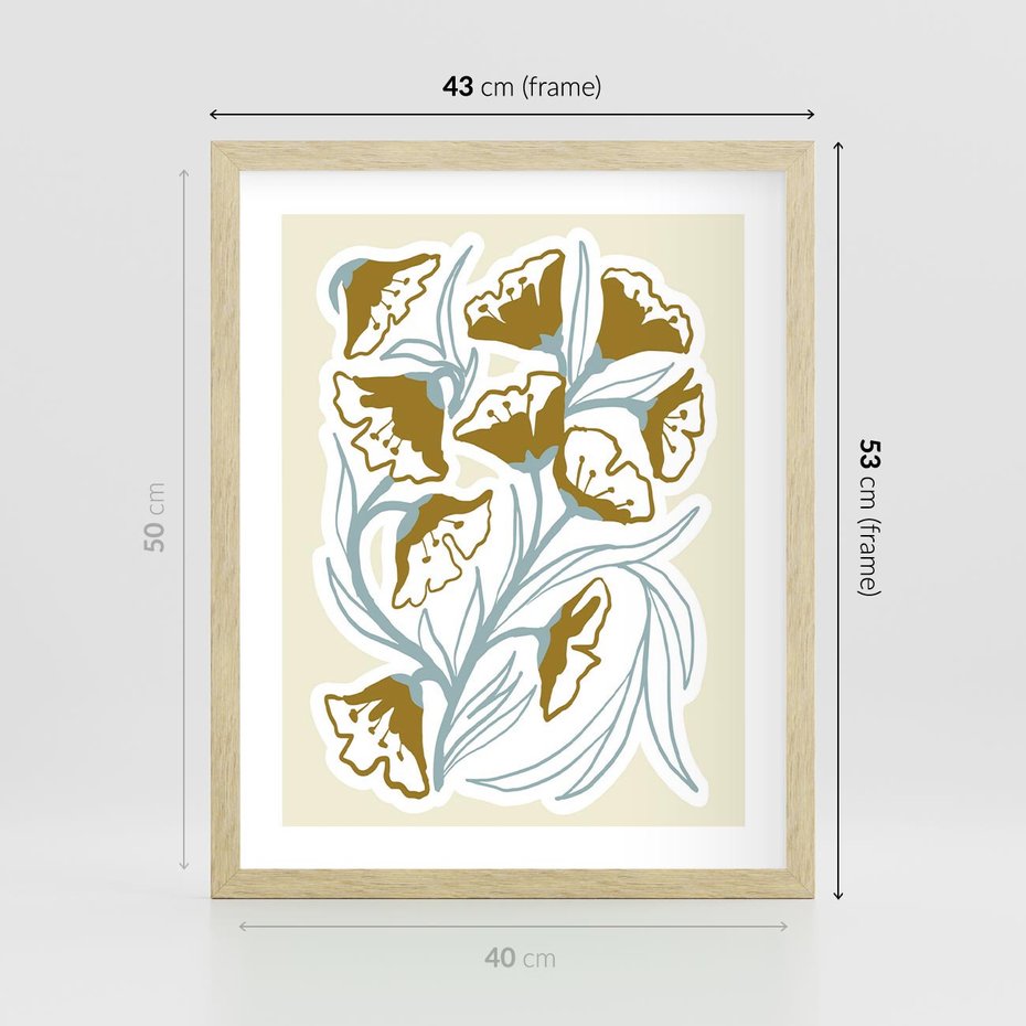 Plakat w ramie 40x50 - Wibracje Widzenia - abstrakcyjne beżowe kwiaty, elegancka kompozycja - rama drewno