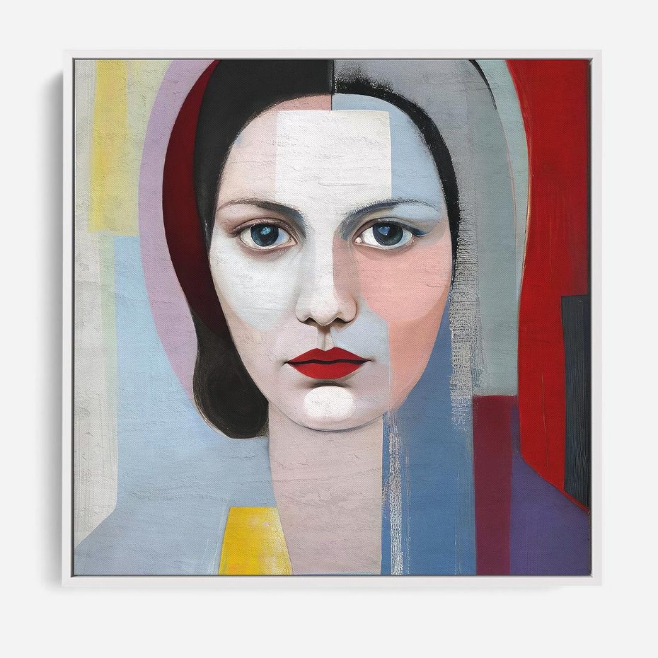 Obraz w ramie 50x50 - Kolorowe Granice Form - abstrakcyjny obraz olejny, portret twarzy kobiety - rama biała