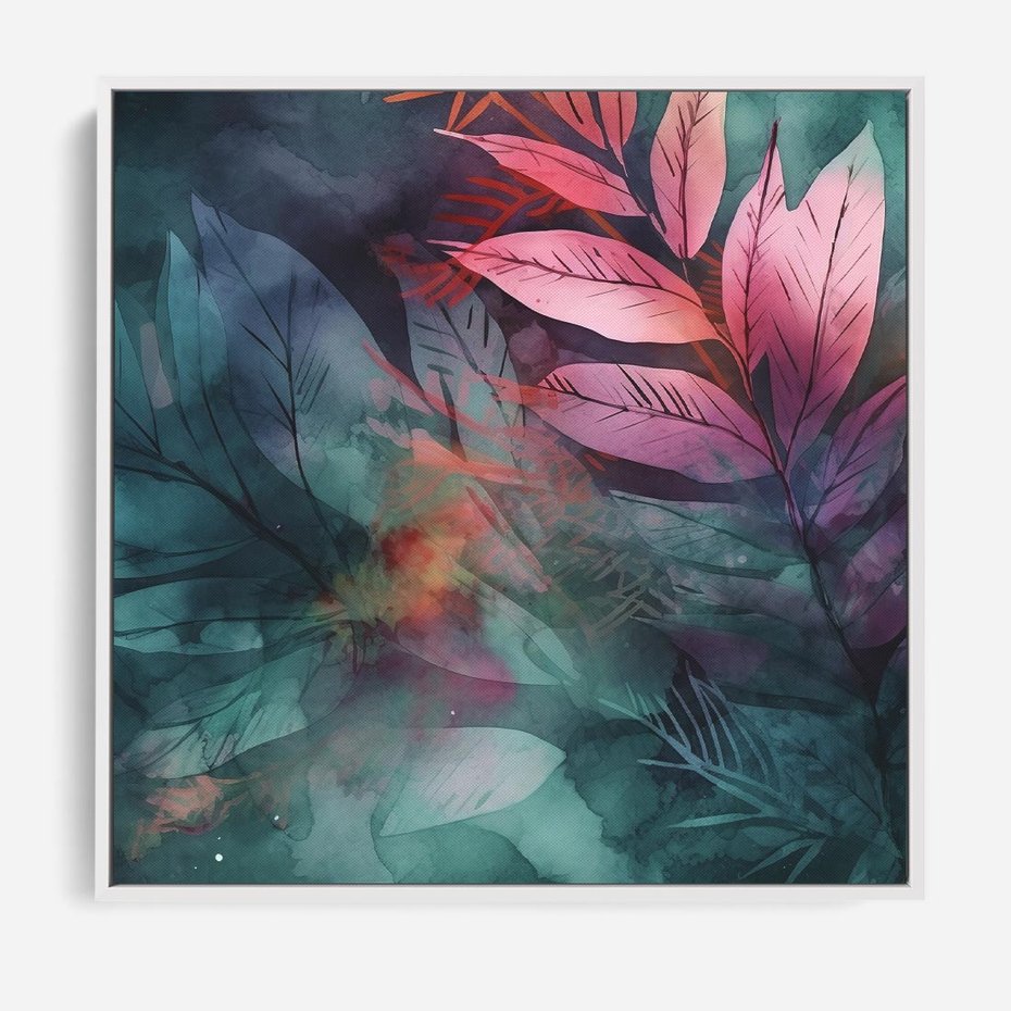 Obraz w ramie 80x80 - Subtelne Zielone - pastelowe zielone liście, róż - rama biała