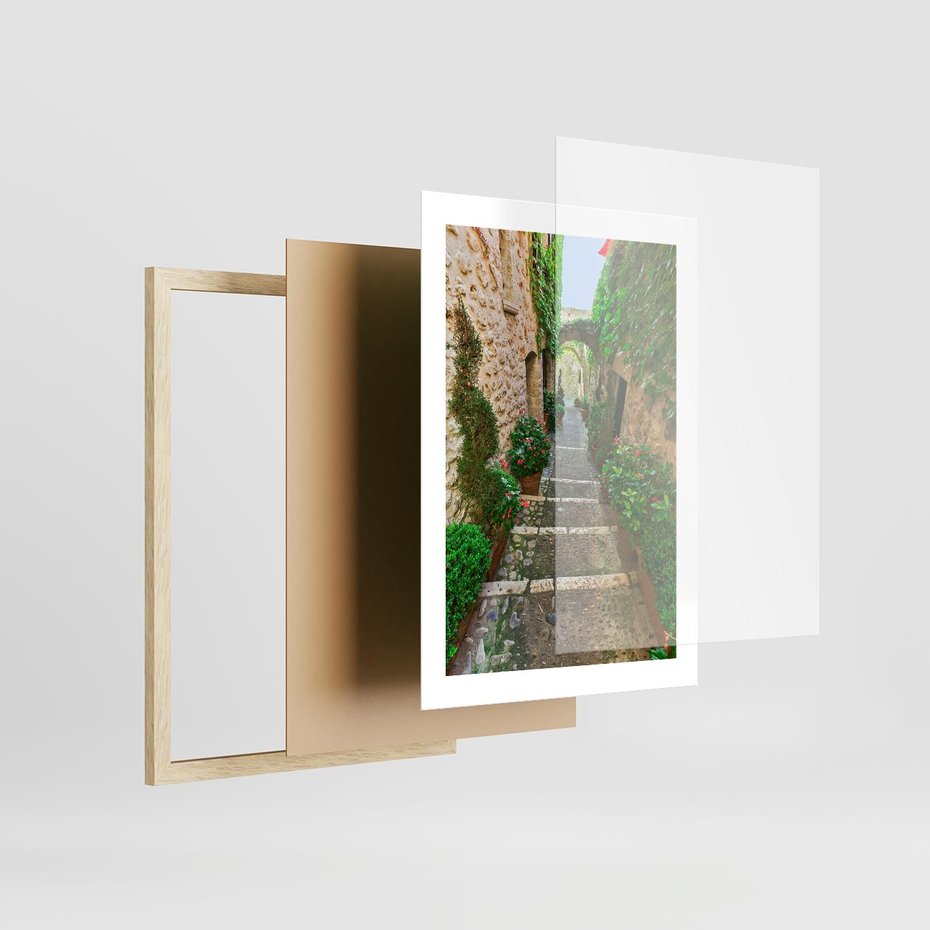 Plakat w ramie 30x40 - Magiczna podróż w głąb miasta - uliczka, perspektywa - rama drewno