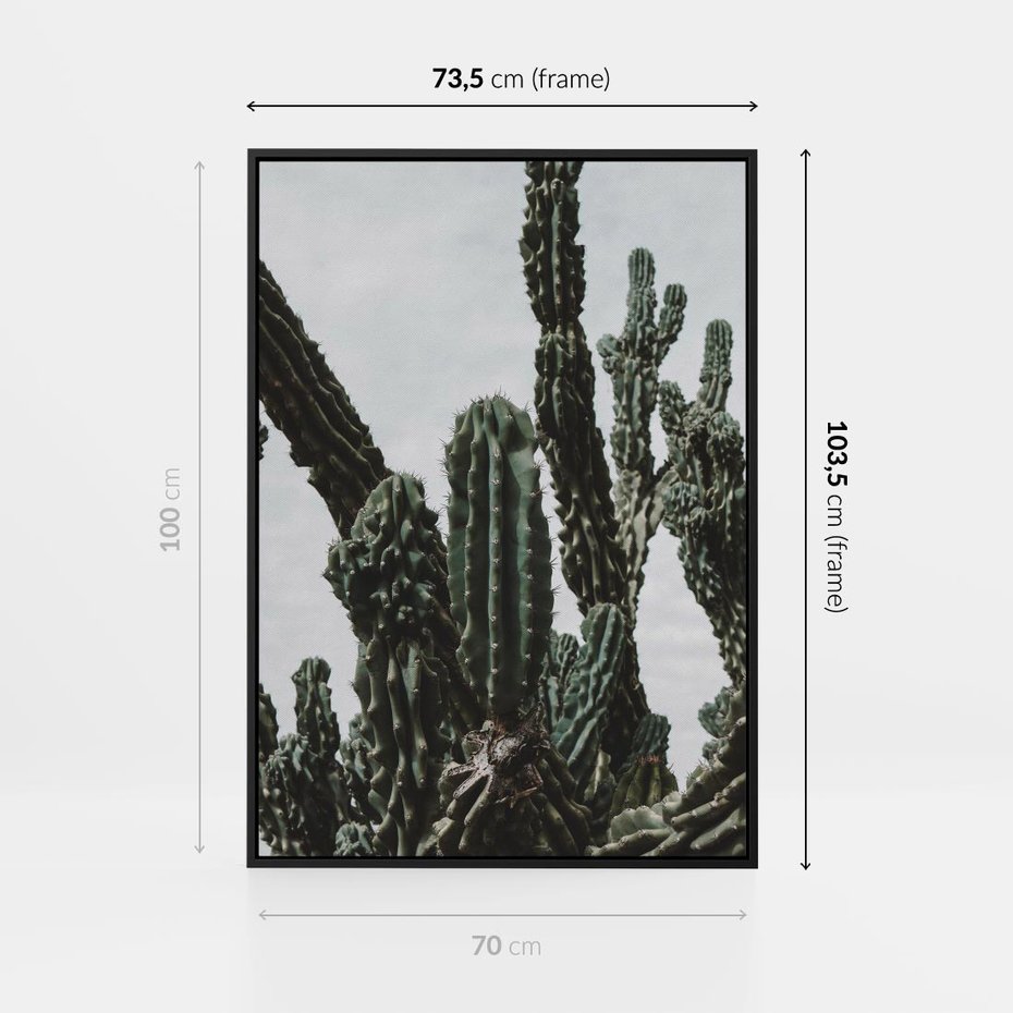 Obraz w ramie 70x100 - Boho oaza wśród kaktusów - kaktusy, pustynia - rama czarna