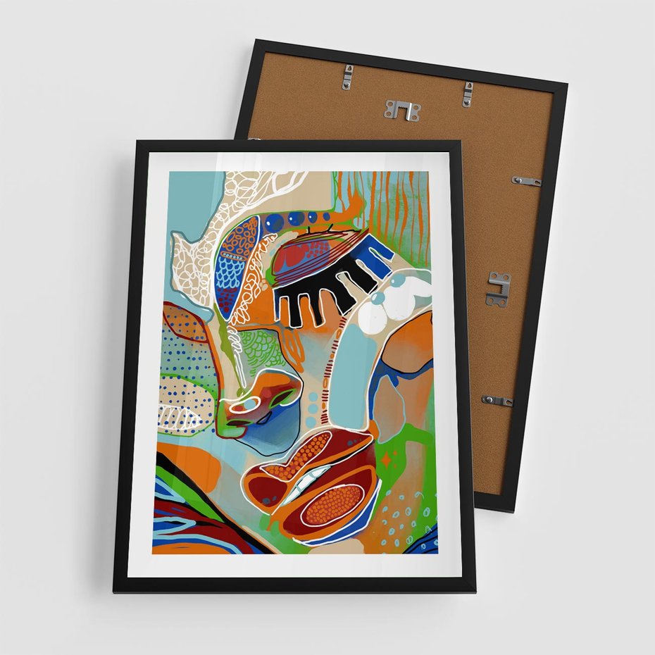 Plakat w ramie 50x70 - Wibracje Kształtów - abstrakcyjny portret kobiety, twarz - rama czarna