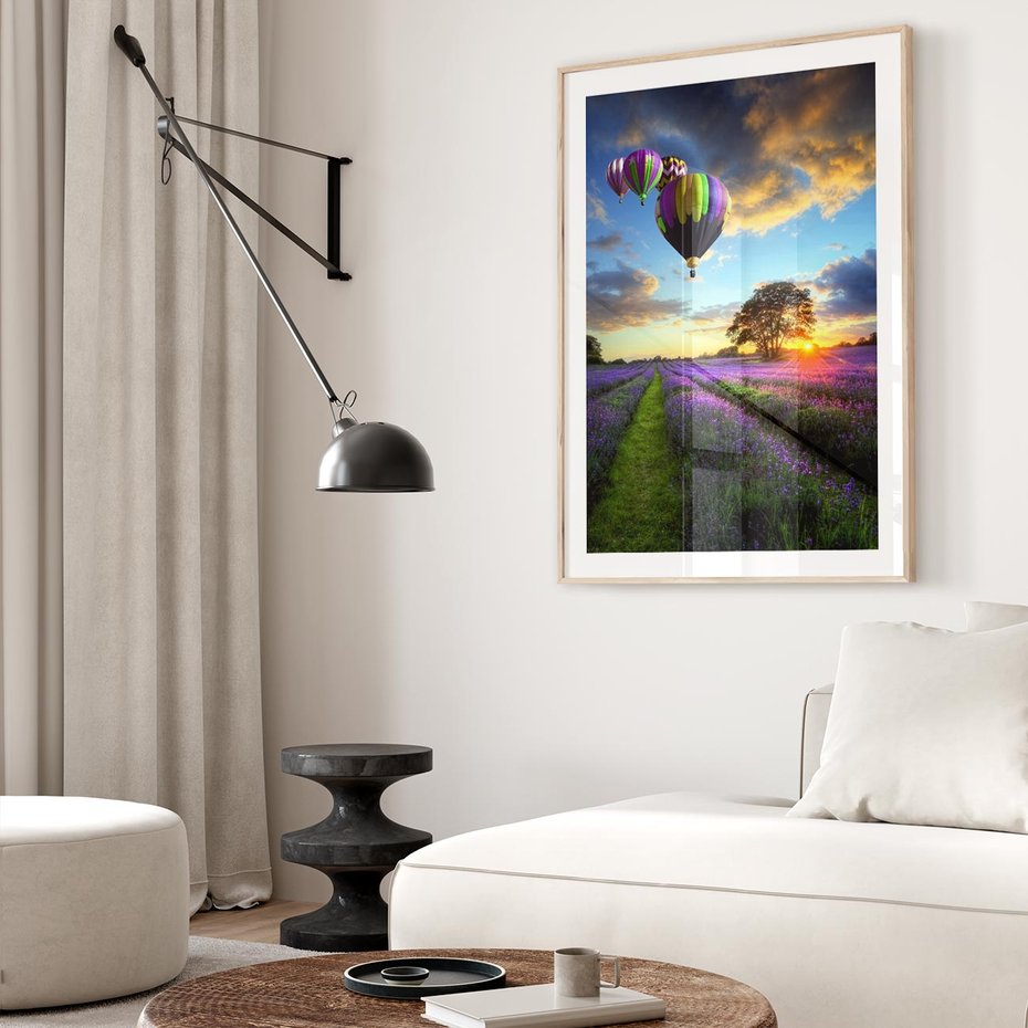 Plakat w ramie 50x70 - Lawendowe Marzenia - lawenda, balony - rama drewno