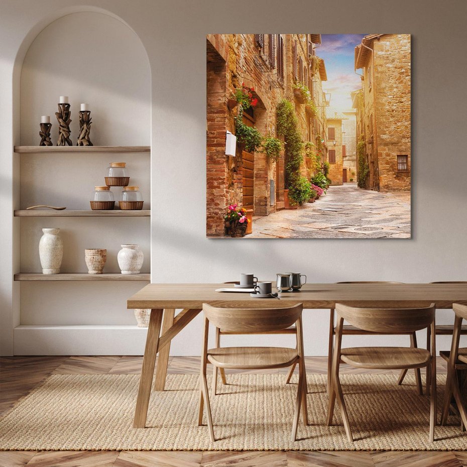 Obraz na płótnie 50x50 - Urok uliczki miejskiej z kwiatami - sklep, uliczka