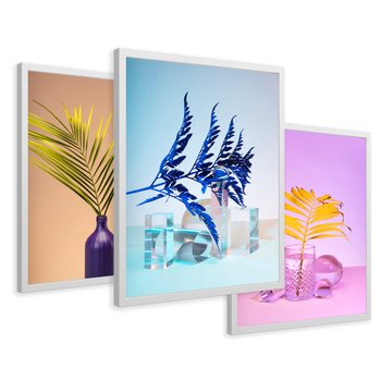 Zestaw obrazy w ramie 40x50 galeria - Palmy, paprocie, liście, pastele - rama biała