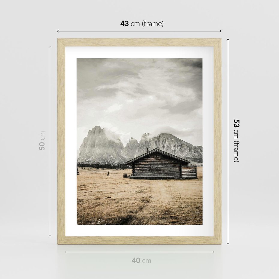 Plakat w ramie 40x50 - Surowa Przestrzeń i Górski Ustronny Azyl - chatka w górach, góry - rama drewno
