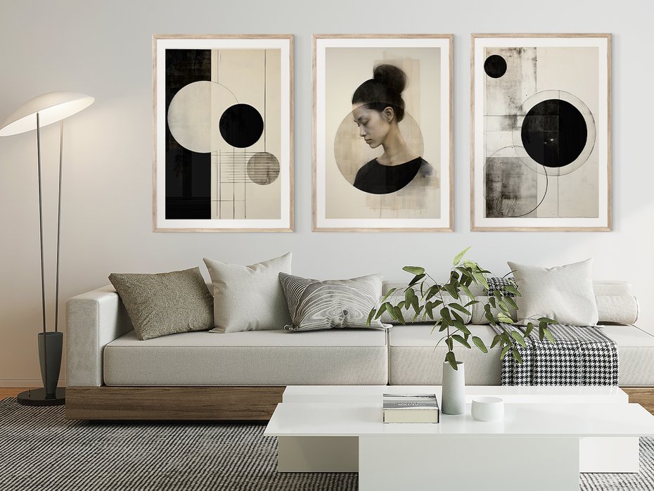 Zestaw obrazy w ramie 50x70 galeria - nowoczesny, loft, abstrakcja - rama drewno